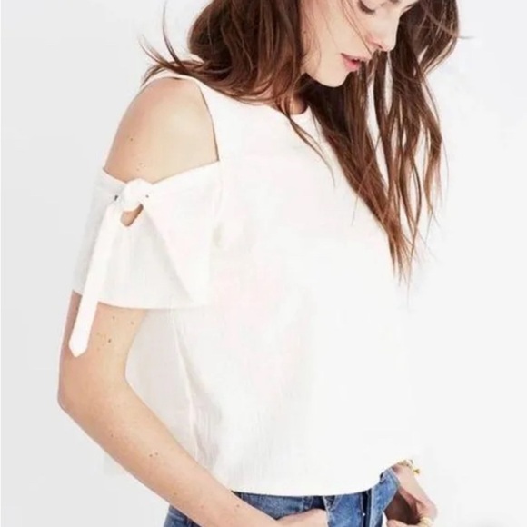 MADEWELL Skylark Top Cold Shoulder Bow Sz S Textured Ivory Boxy Relaxed Fit - Picture 1 of 9